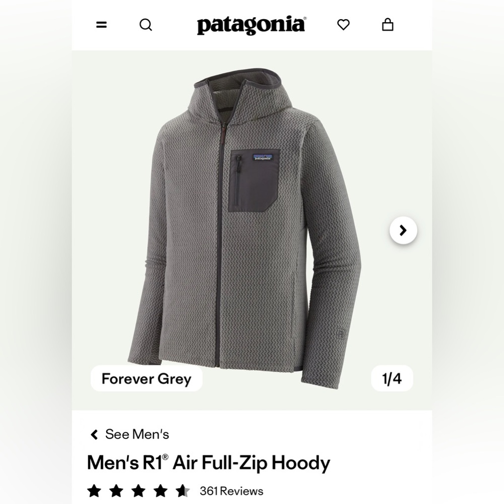 NWT Patagonia Men’s R1 Air Full-Zip Grey Hooded Jacket S